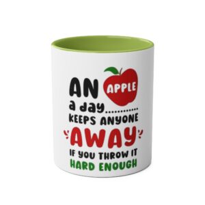 Funny Two-Tone Coffee Mug – AN APPLE A DAY Keeps Anyone AWAY, Gift for Teachers, Friends, Birthdays, Office Humor, Kitchen Decor